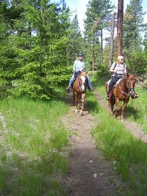 Amie riding Spot and Pattie on her own horse.